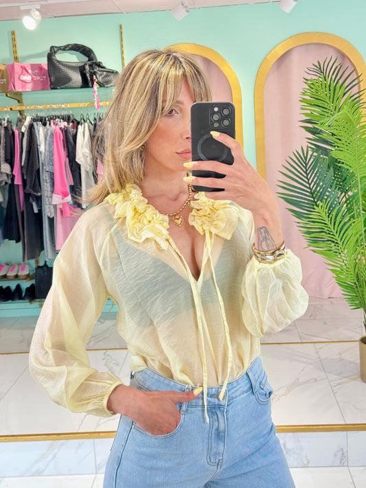 Blouse transparente col froncé – Jaune