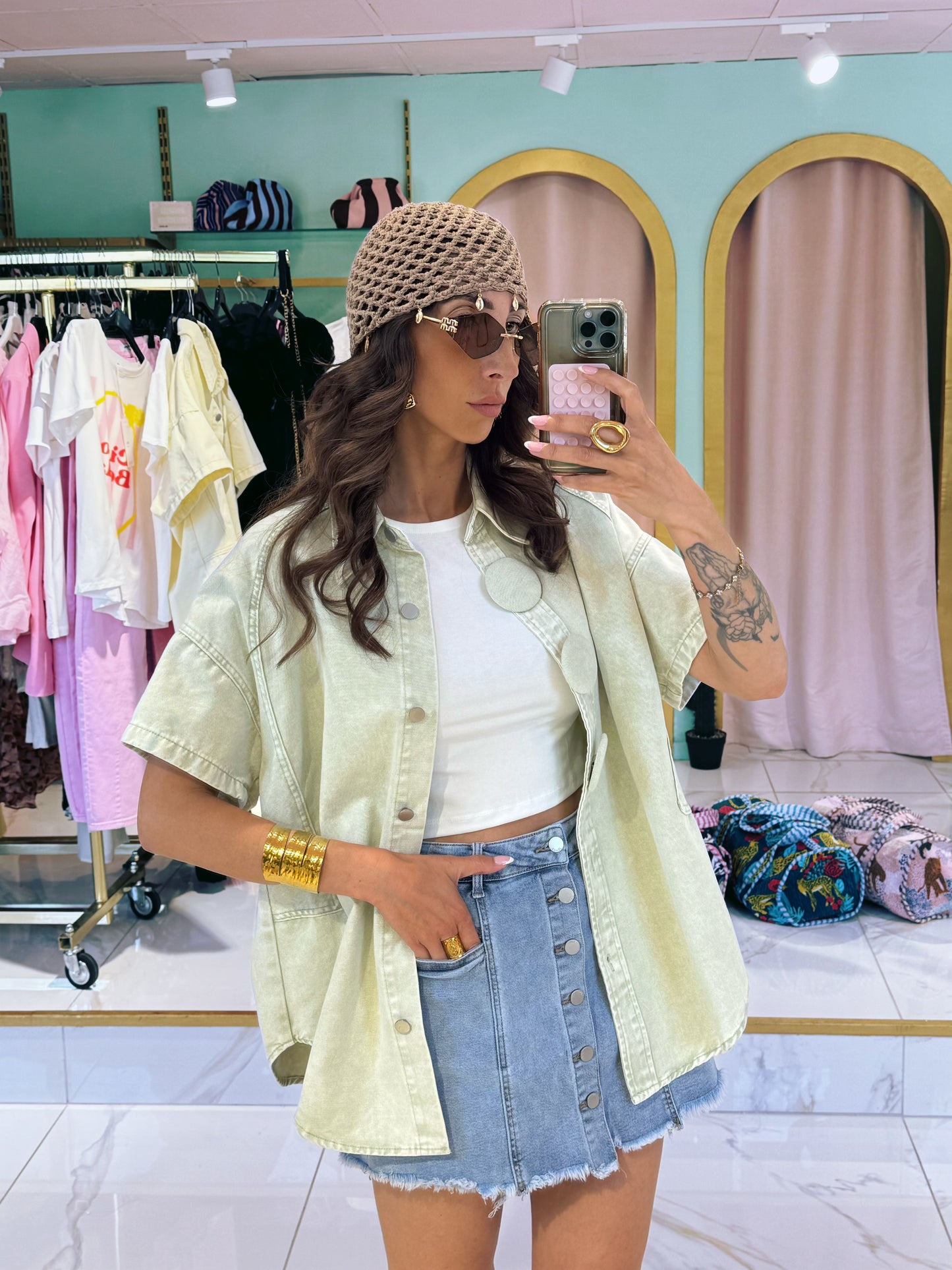 Veste en jean manches courtes oversize -mint