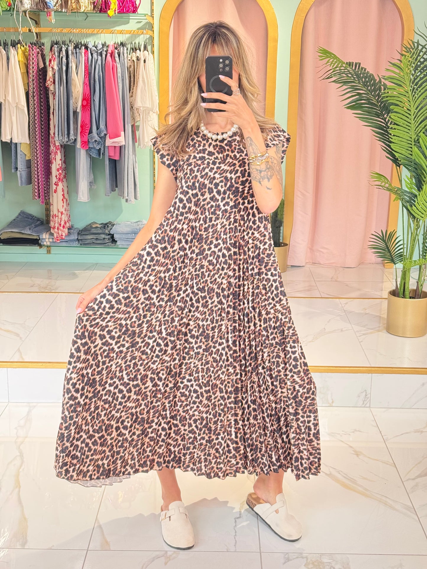 Robe longue plissée léopard – marron