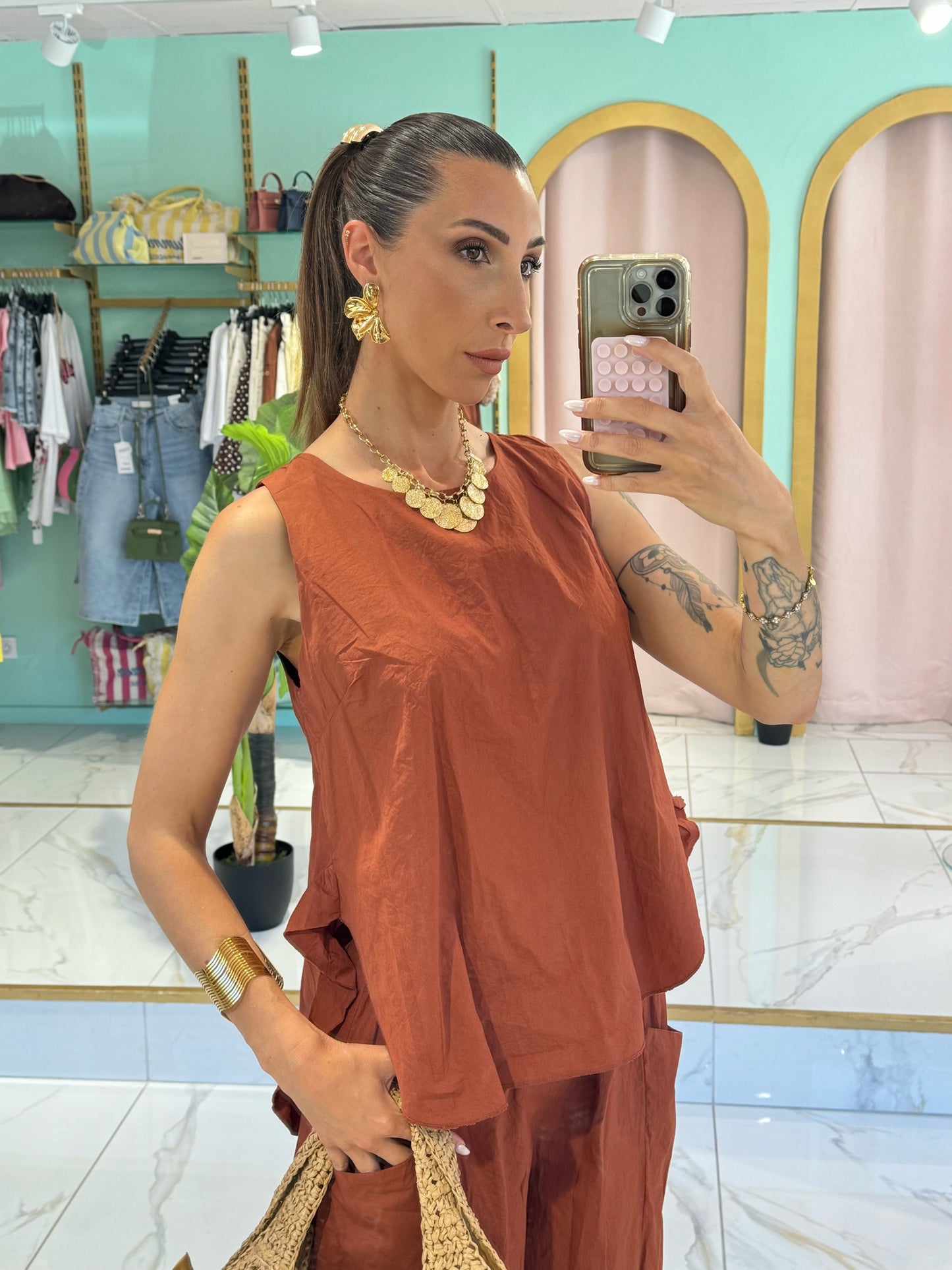 Top en coton loose ouvert dans le dos - terracota