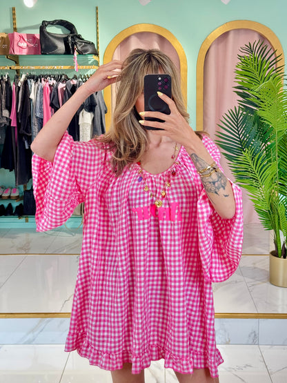 Robe trapèze à carreaux « Amour » – Rose