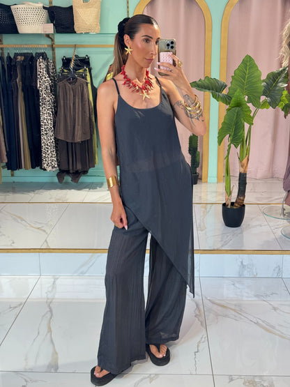 Ensemble top asymétrique  & pantalon léger et fluide - Noir ( délavé )