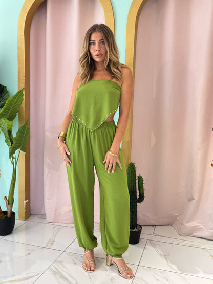 Pantalon bouffant fluide avec empiècement multifonctions - pistache