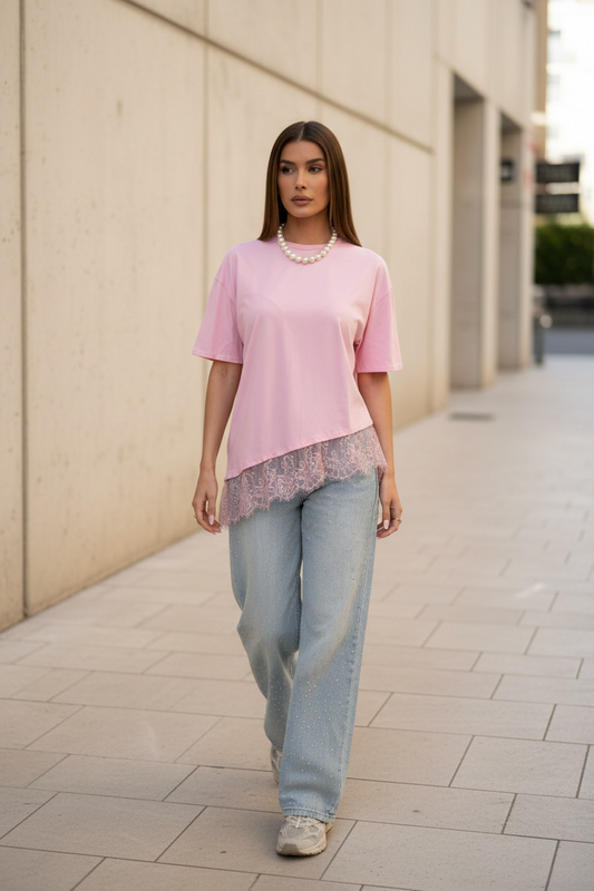 T-shirt Loose Dentelle Asymétrique – rose pastel