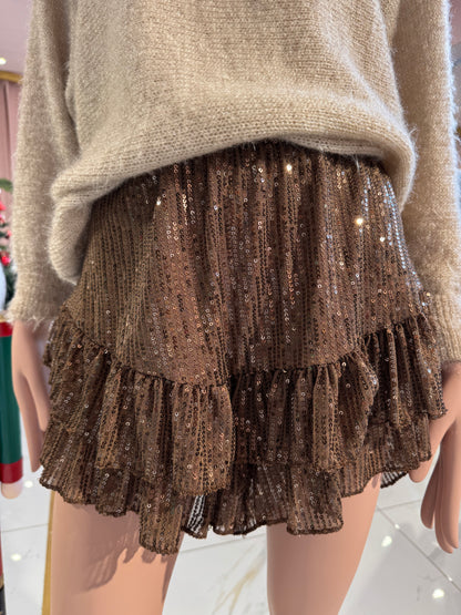 Jupe short à volant en sequins chocolat