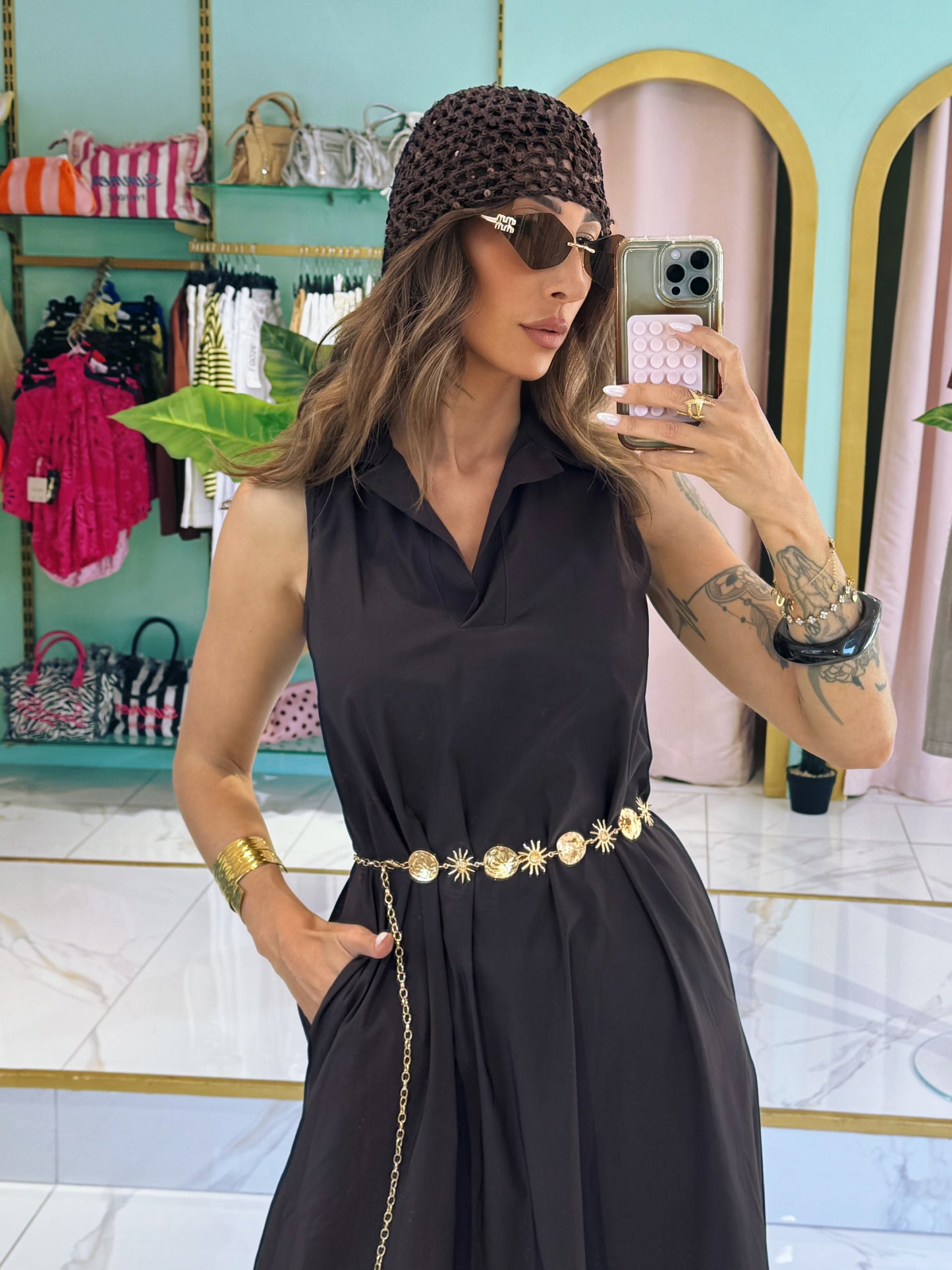 Robe midi col chemise - marron