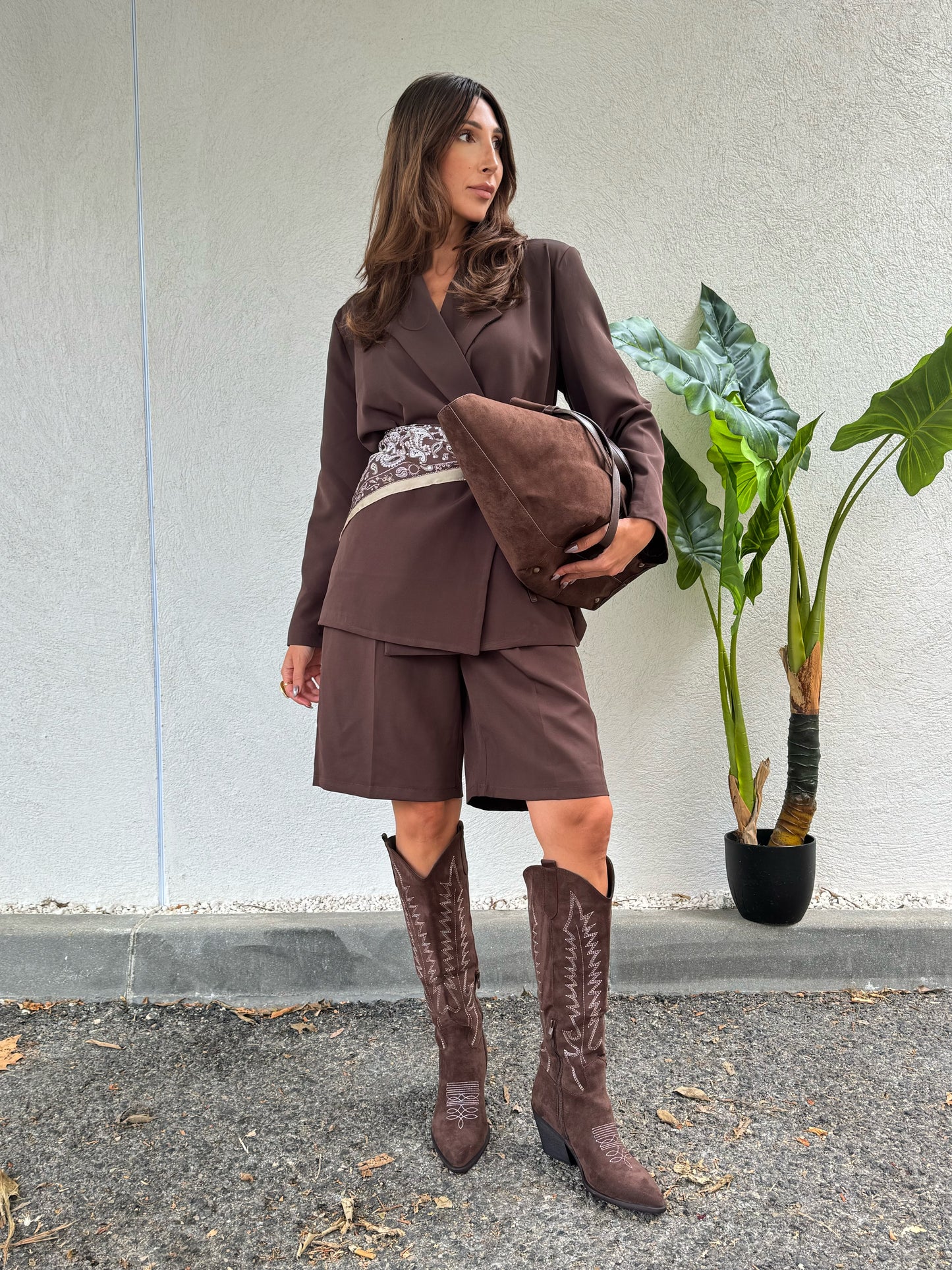 Bermuda tailleur loose – Taille élastique – Marron