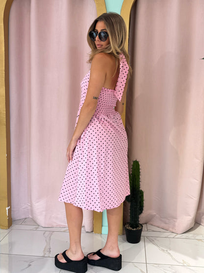 Robe à pois longueur midi en popeline de coton - rose