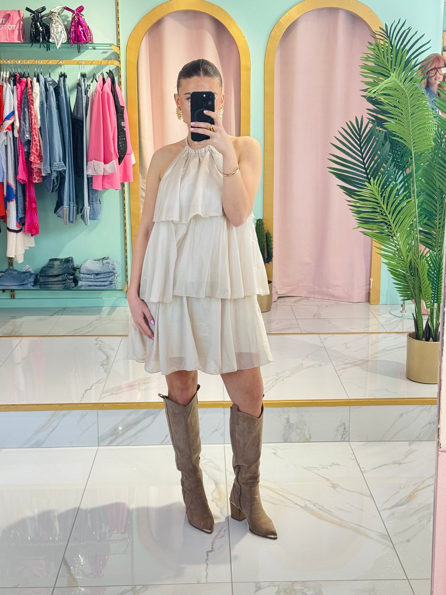 Robe trapèze  à volants beige