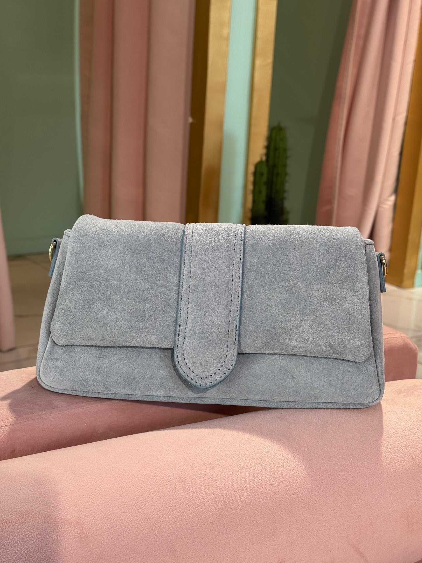 Sac en cuir nubuck dupe à double bandoulière - bleu ciel