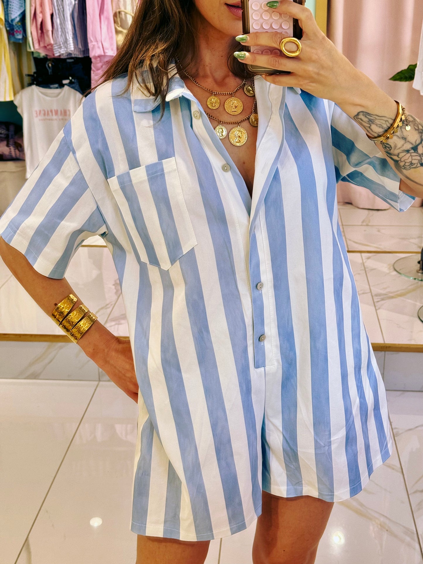 Combi short loose à rayures bleu ciel