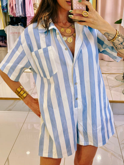 Combi short loose à rayures bleu ciel
