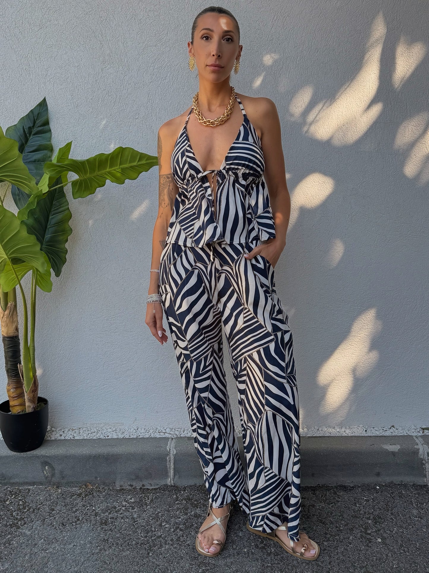 Ensemble Palazzo & Top Noué –bleu marine