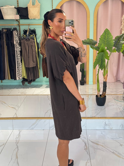Robe en gaz de coton manches bouffantes - marron foncée