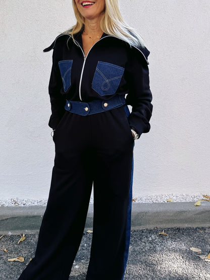 Ensemble streetwear patchwork jean & sweat – noir