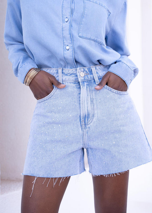 Short en jean bleu avec petits strass Oraije Paris premium
