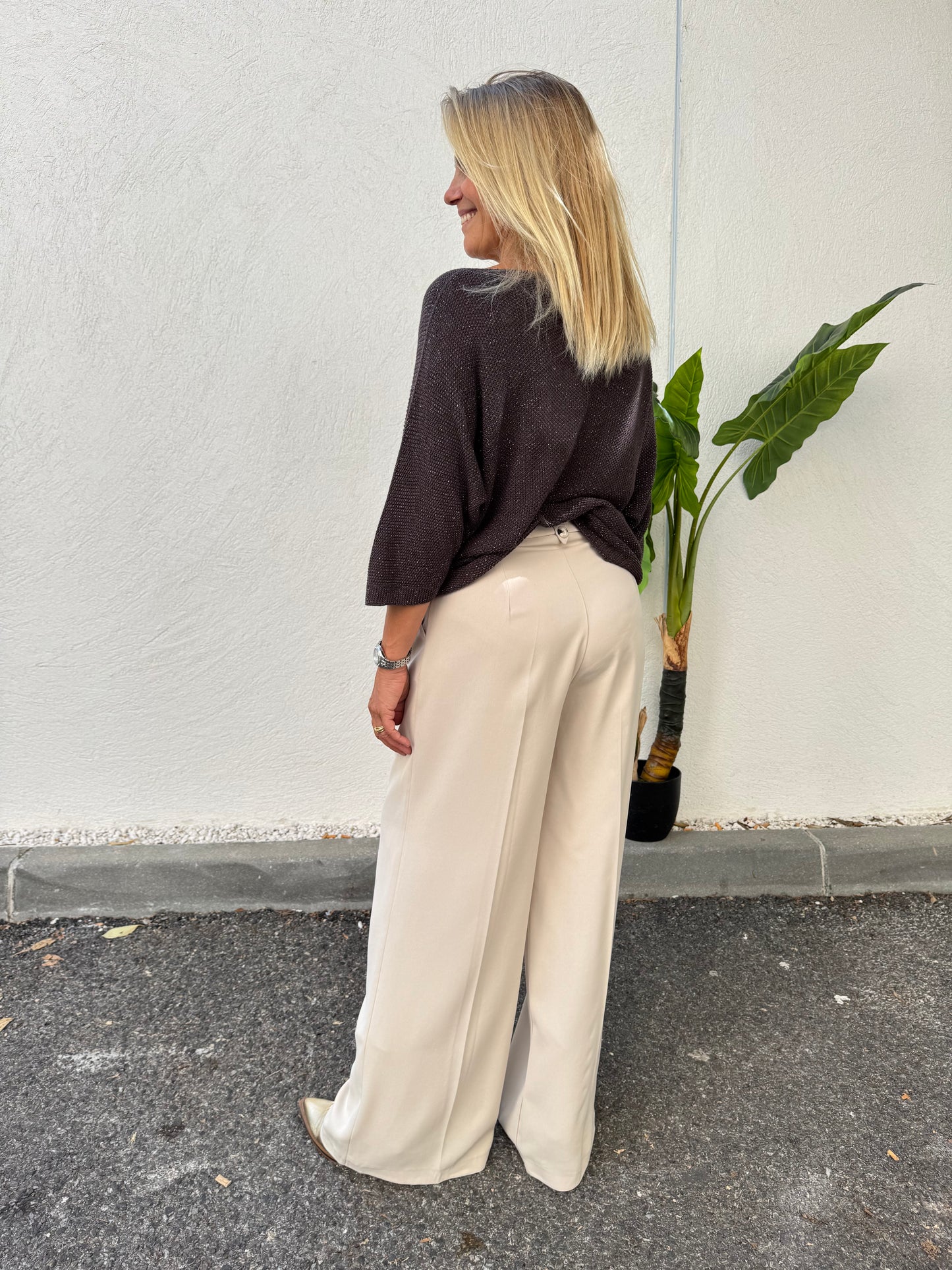 Pantalon tailleur coupe palazzo beige