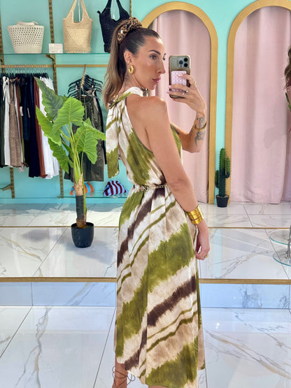 Robe longue satinée à imprimé - pistache
