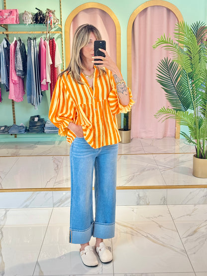 Blouse rayée en gaz de coton jaune et orange