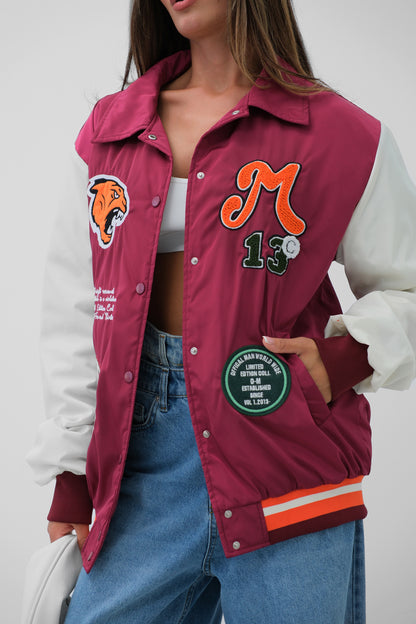 Blouson college brodé bicolore avec poches bordeaux