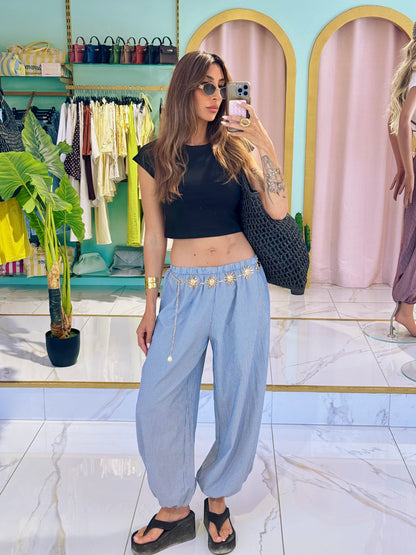 Pantalon bouffant à petit carreaux - bleu clair