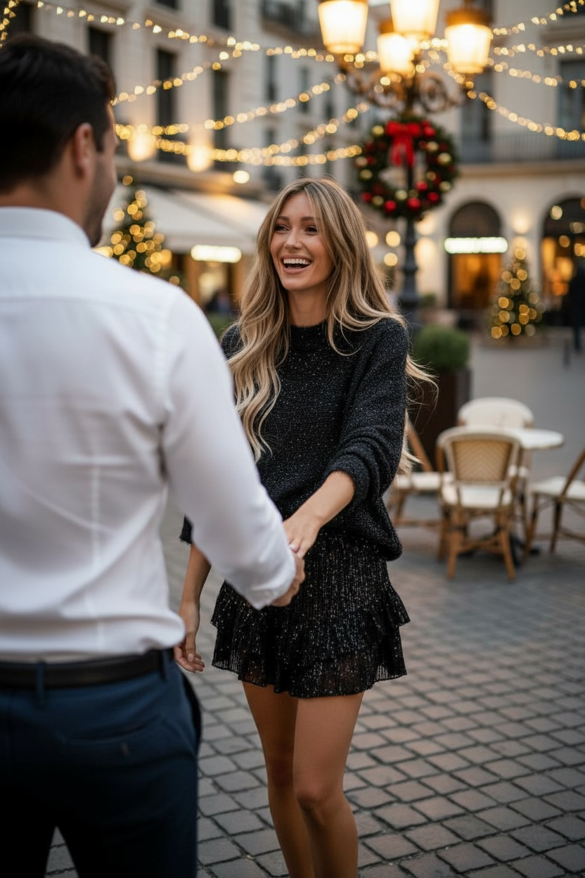 Jupe short à volant en sequins noire