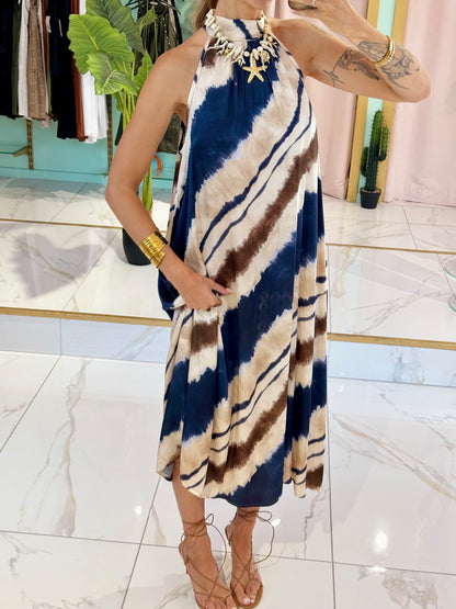 Robe longue satinée à imprimé - bleu marine