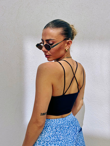 Crop Top à Coques – Dos Croisé & Maille Côtelée bleu marine