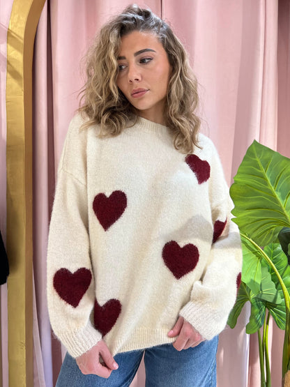 Pull doux à cœurs – crème/bordeaux