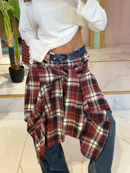 Jupe façon chemise à carreaux nouée - bordeaux