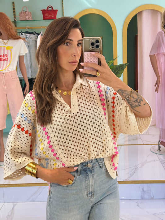 Polo crochet en coton beige