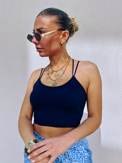 Crop Top à Coques – Dos Croisé & Maille Côtelée bleu marine