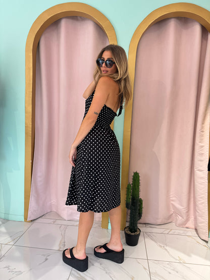 Robe à pois longueur midi en popeline de coton - noire