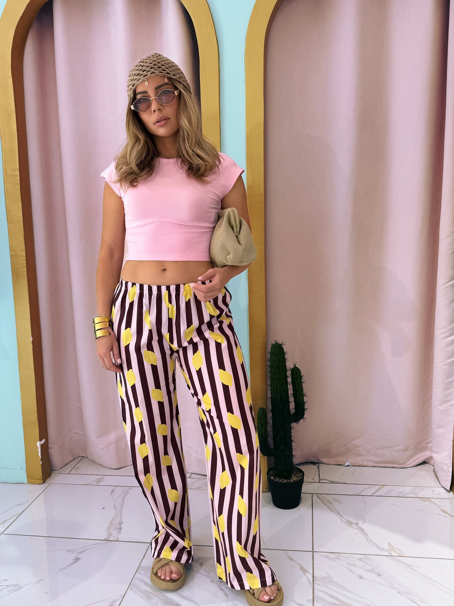 Pantalon rayé citron -marron & rose