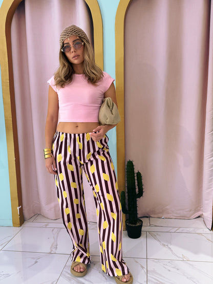Pantalon rayé citron -marron & rose