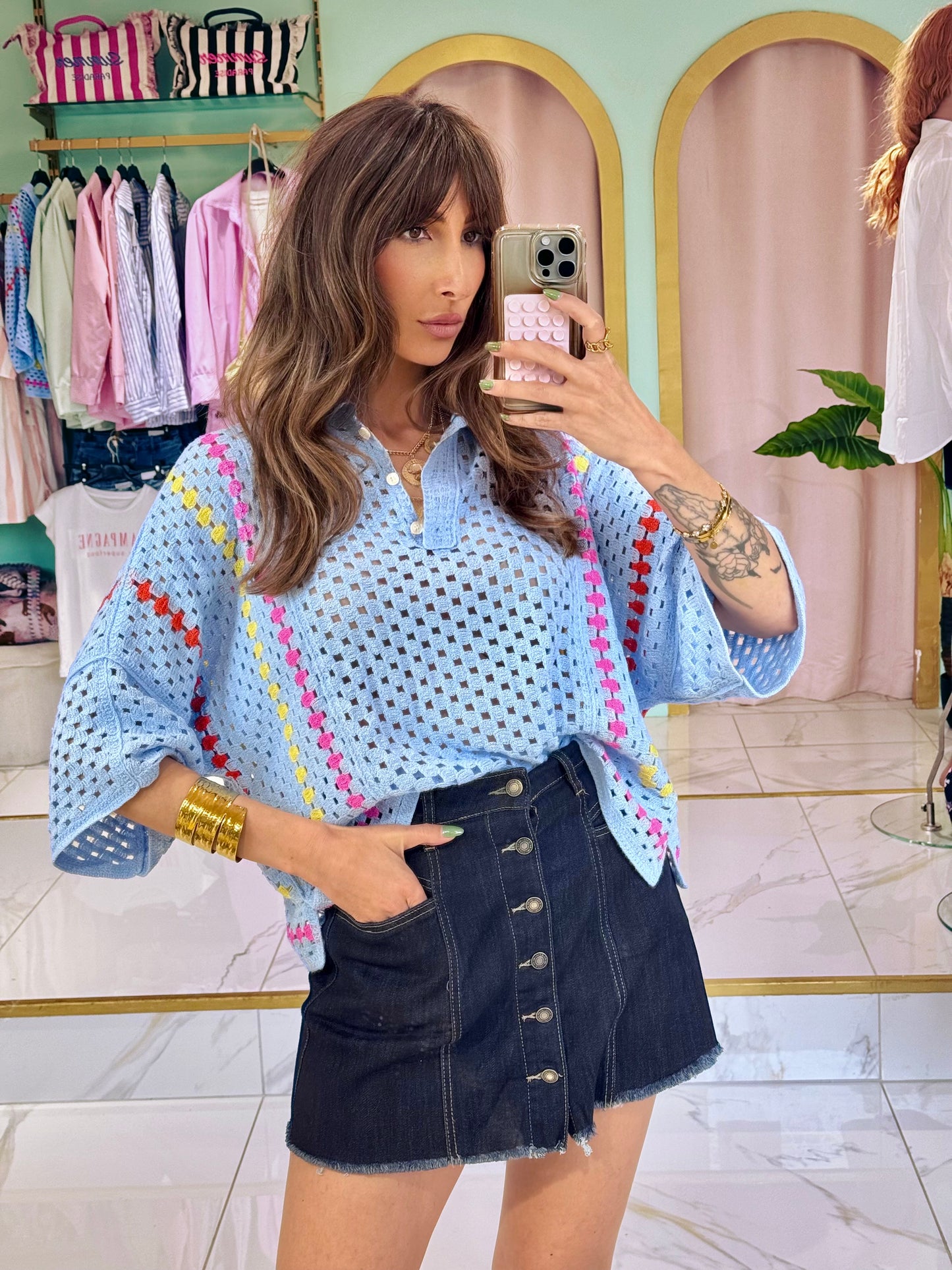 Polo crochet en coton bleu