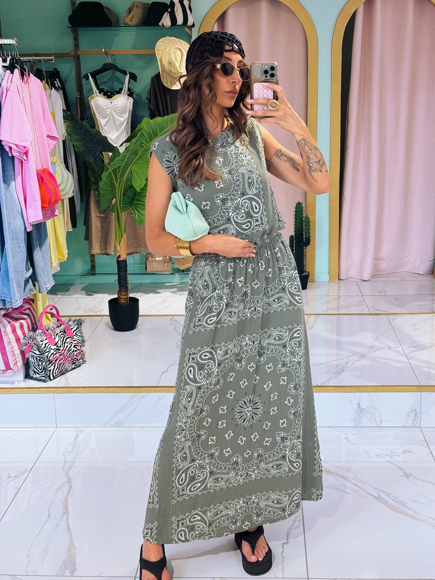 Ensemble top et jupe en gaz de coton à motif bandana- kaki