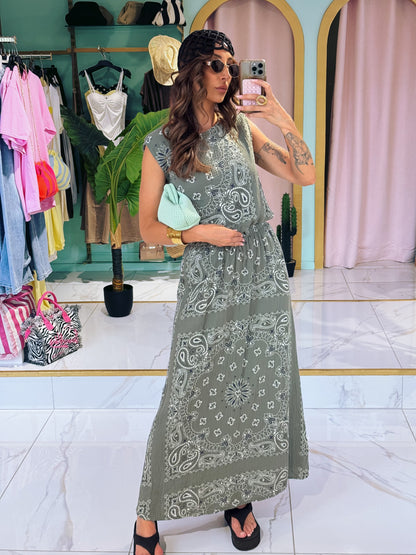 Ensemble top et jupe en gaz de coton à motif bandana- kaki