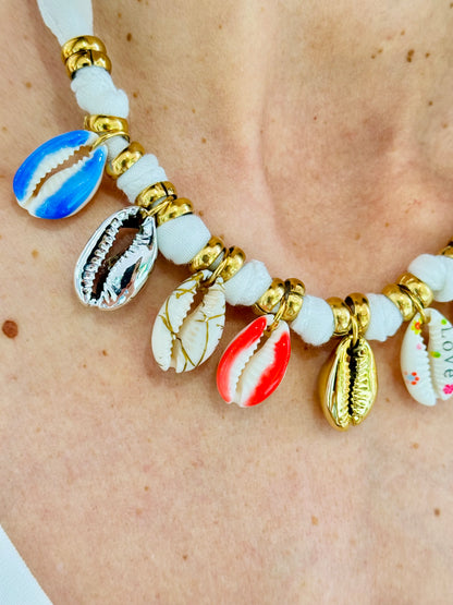 Collier tissu et coquillage - Mile et Mila blanc