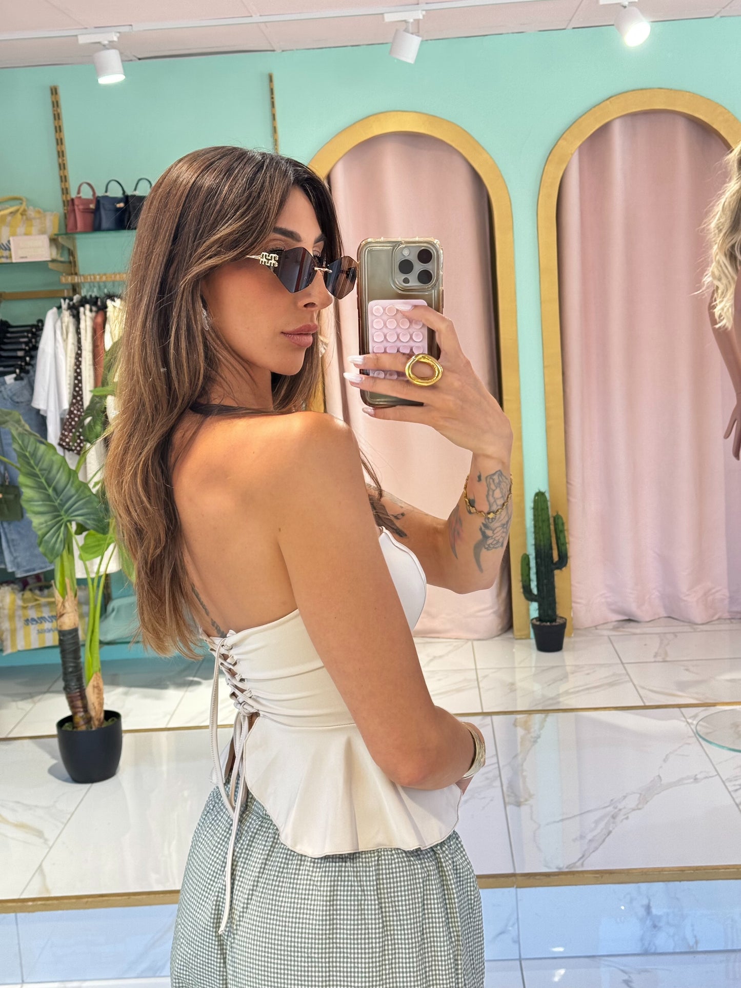 Top bustier avec coque & lacet dans le dos - beige