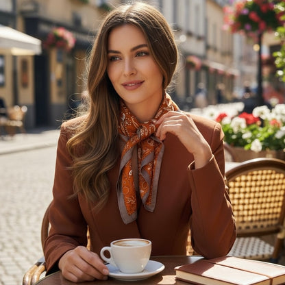 Foulard carré satin Camel & chocolat