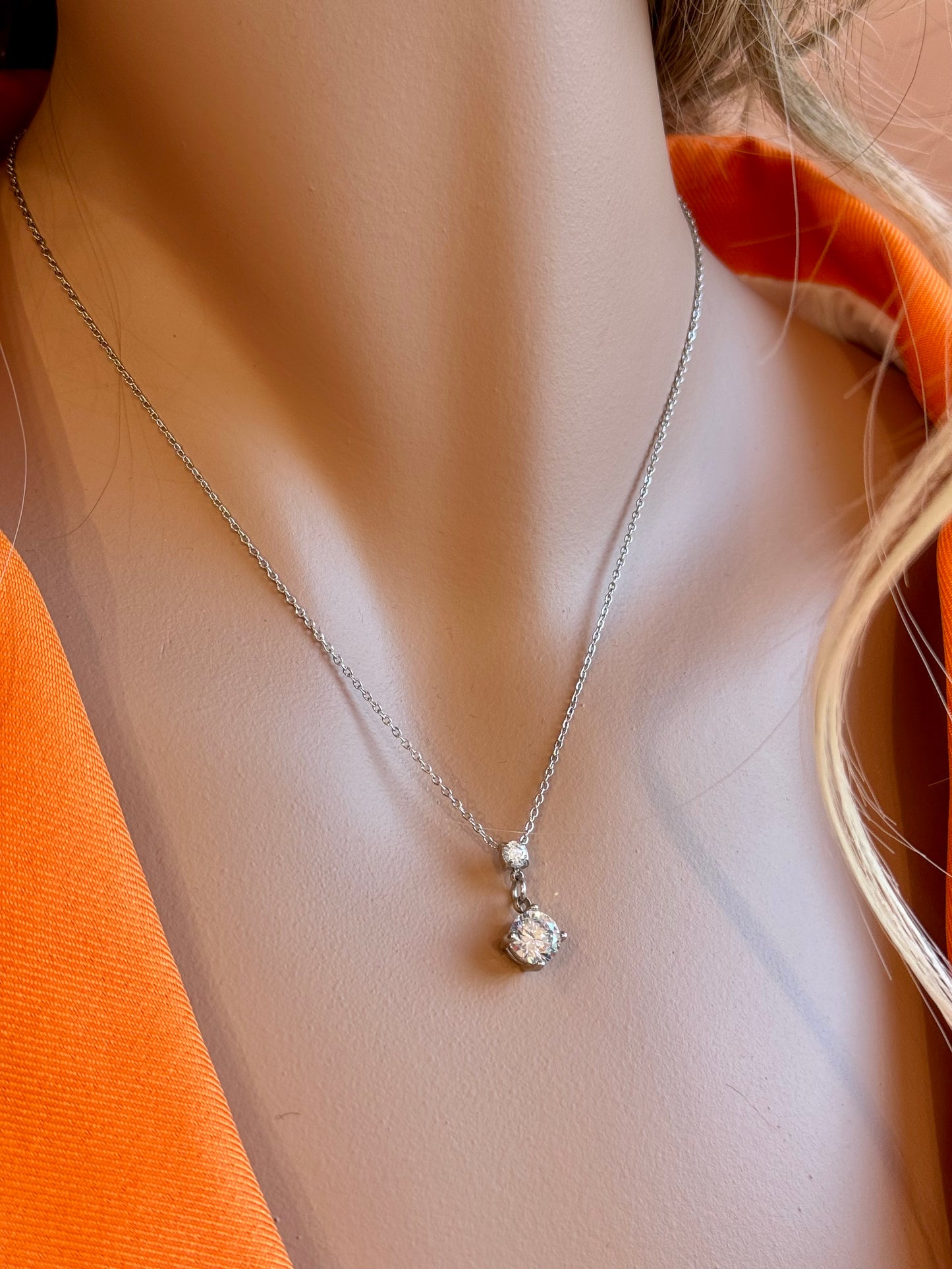 Collier pendentif double cristal - Acier inoxydable réglable argent
