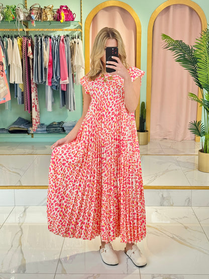 Robe longue plissée léopard – rose