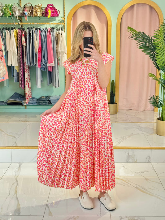 Robe longue plissée léopard – rose