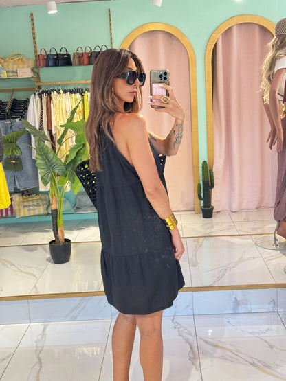 Robe en popeline de coton à encolure cloutée - noire