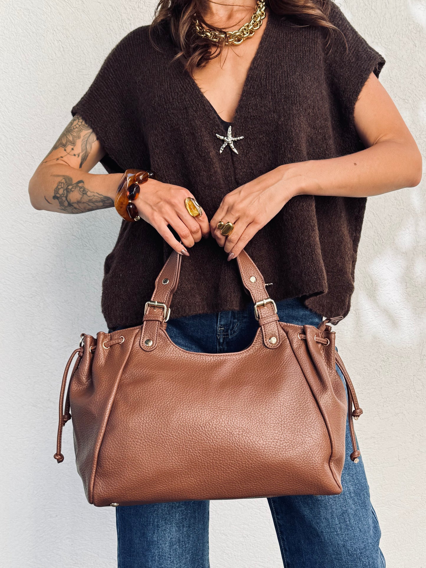 Sac bowling en simili grainé – Grand format – Style intemporel- marron