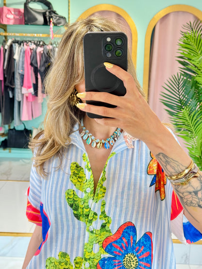 Collier tissu et coquillage - Mile et Mila Turquoise