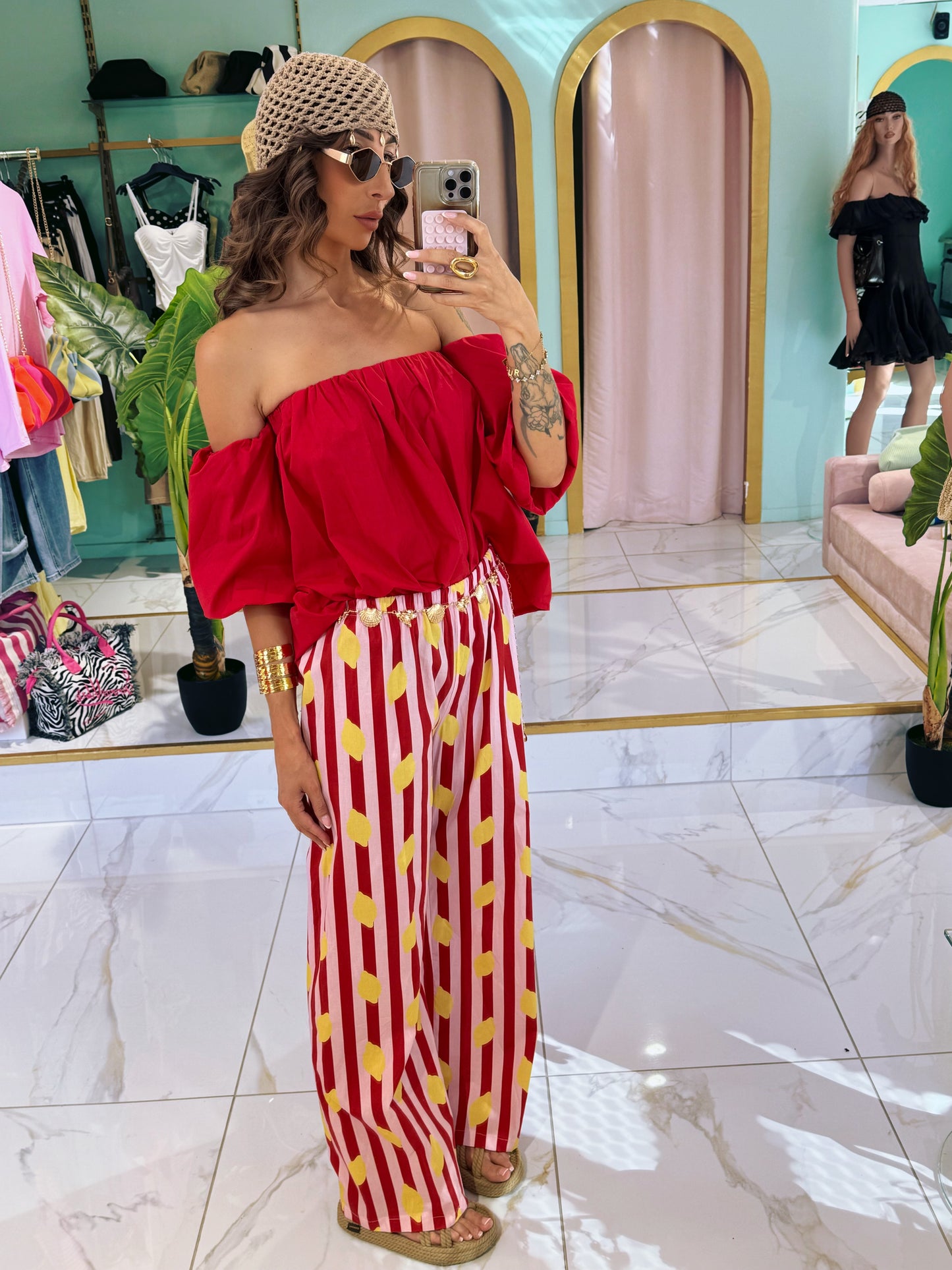 Pantalon rayé citron - rouge & rose