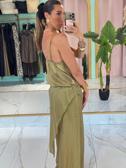 Ensemble top asymétrique  & pantalon léger et fluide - pistache