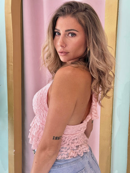 Top dentelle avec broche soleil- rose pastel